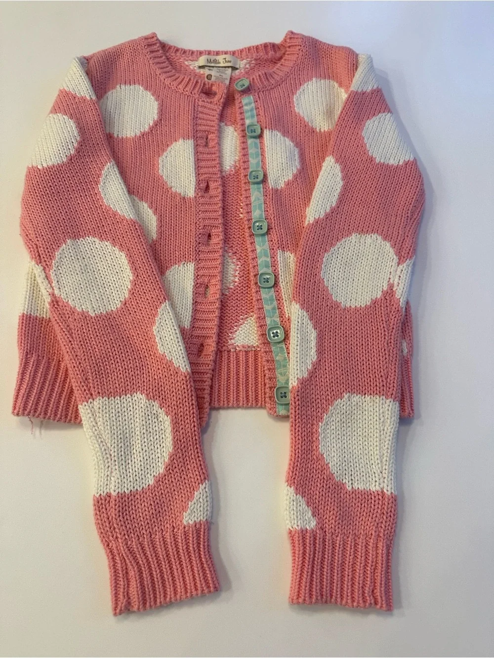 Matilda Jane Pink & White Polka Dot Knit Cardigan with Mint Buttons Girls size 8